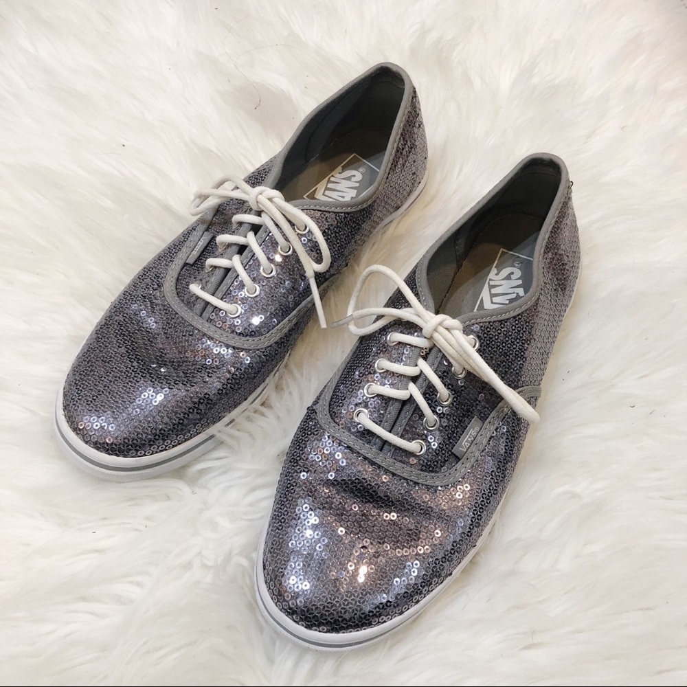 Vans Silver Sequin Covered Lace Up Sneakers Women’s 9.5, Men’s Size 8 EUC